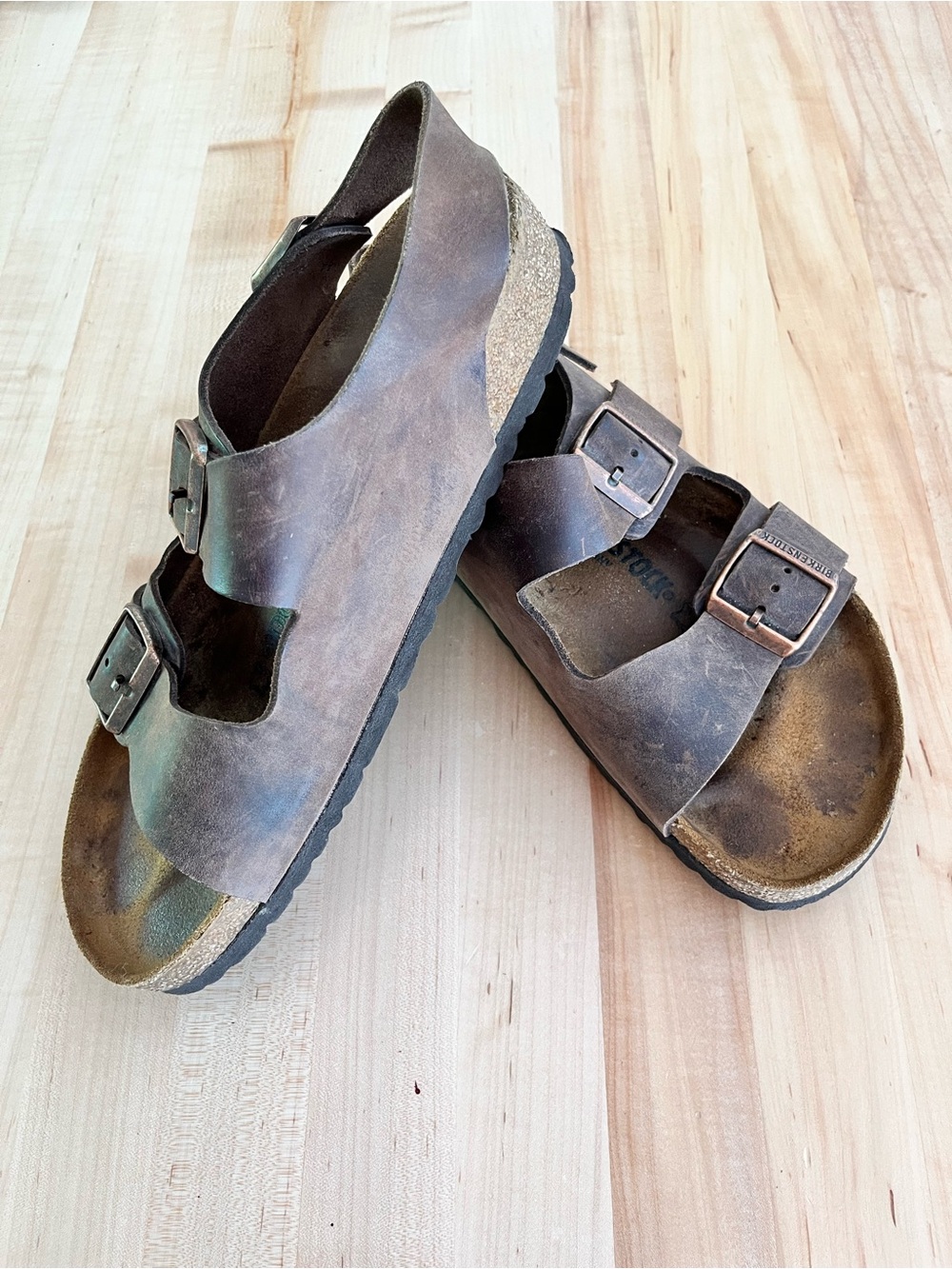 Birkenstock Milano Oiled Leather Two-Strap Brown Buckle Sandal, Sz 41 - Picture 10 of 13